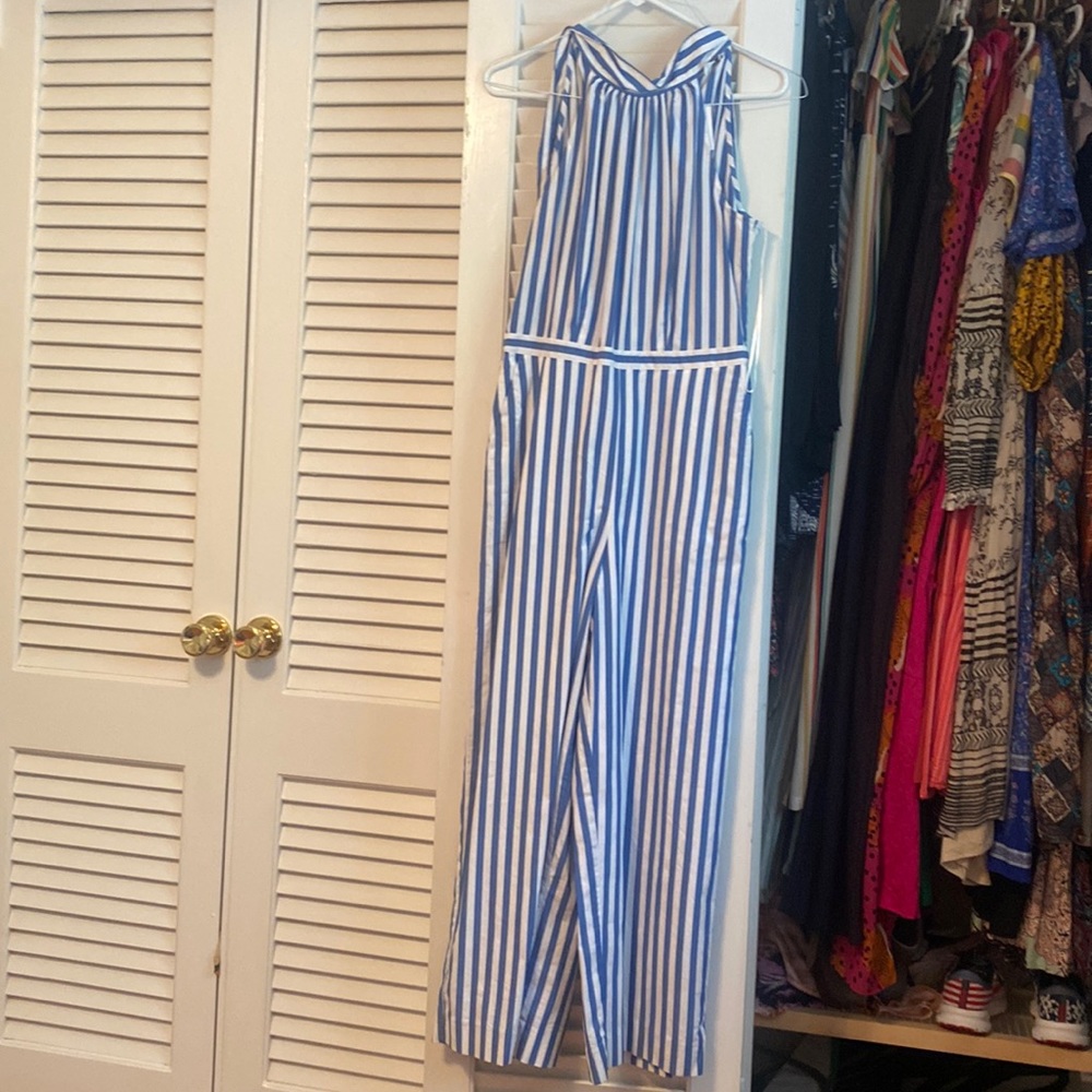 Blue and white striped jumpsuit